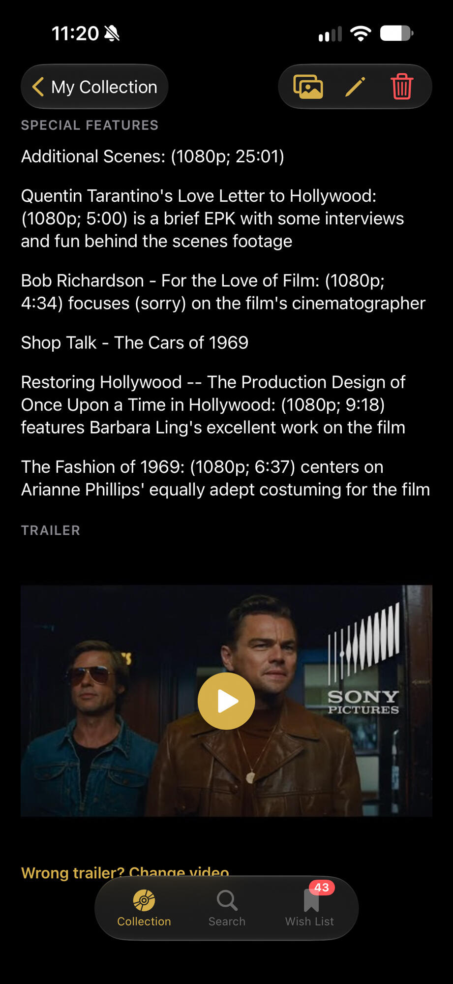 Disc Special Features Listing